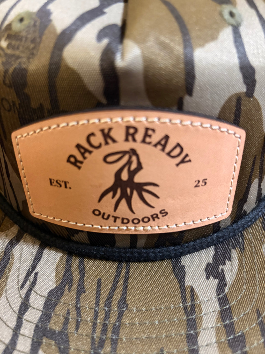 Leather Patch Hat - Mossy Oak Bottomland w/ Black Rope