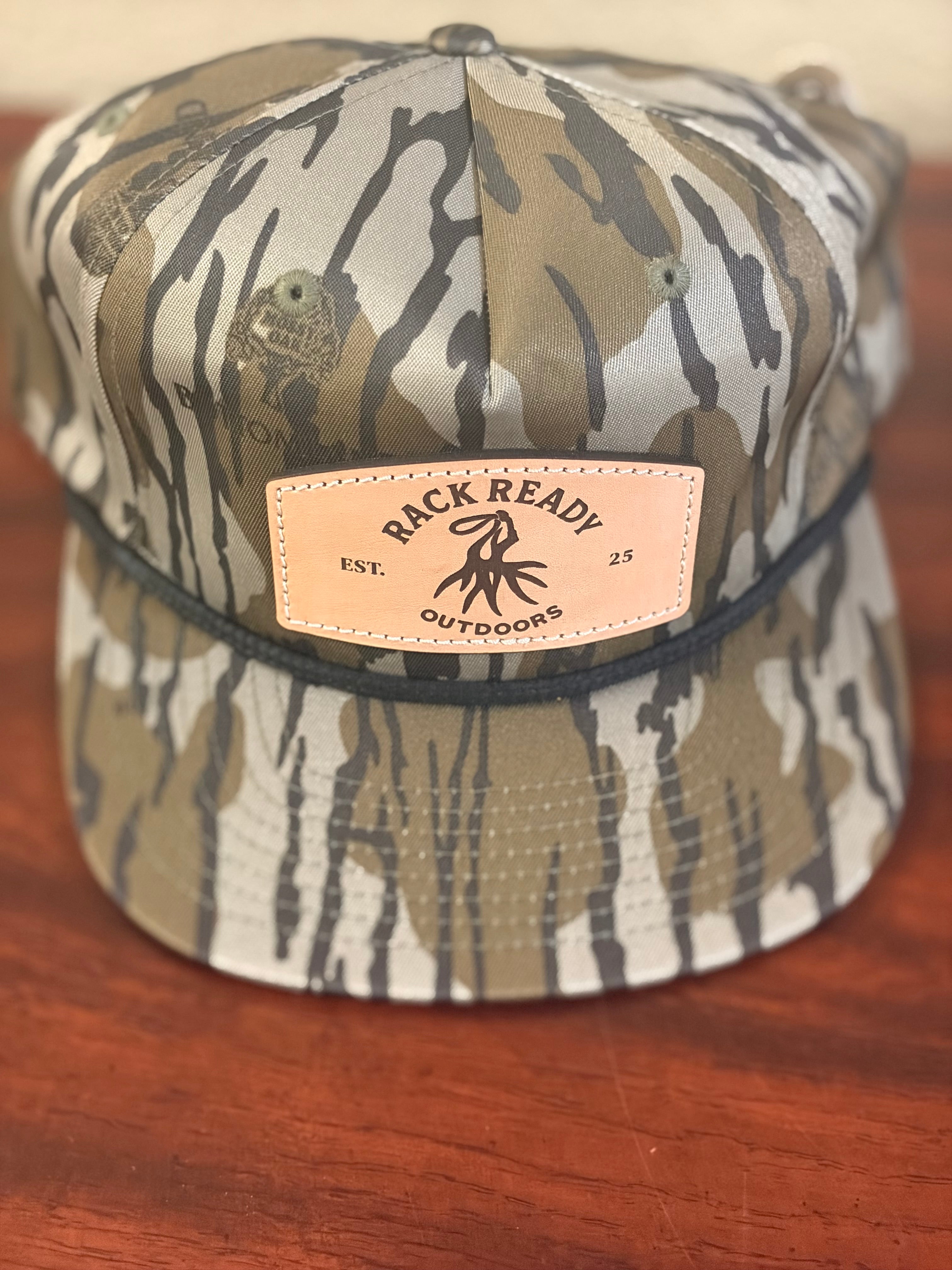Leather Patch Hat - Mossy Oak Bottomland w/ Black Rope