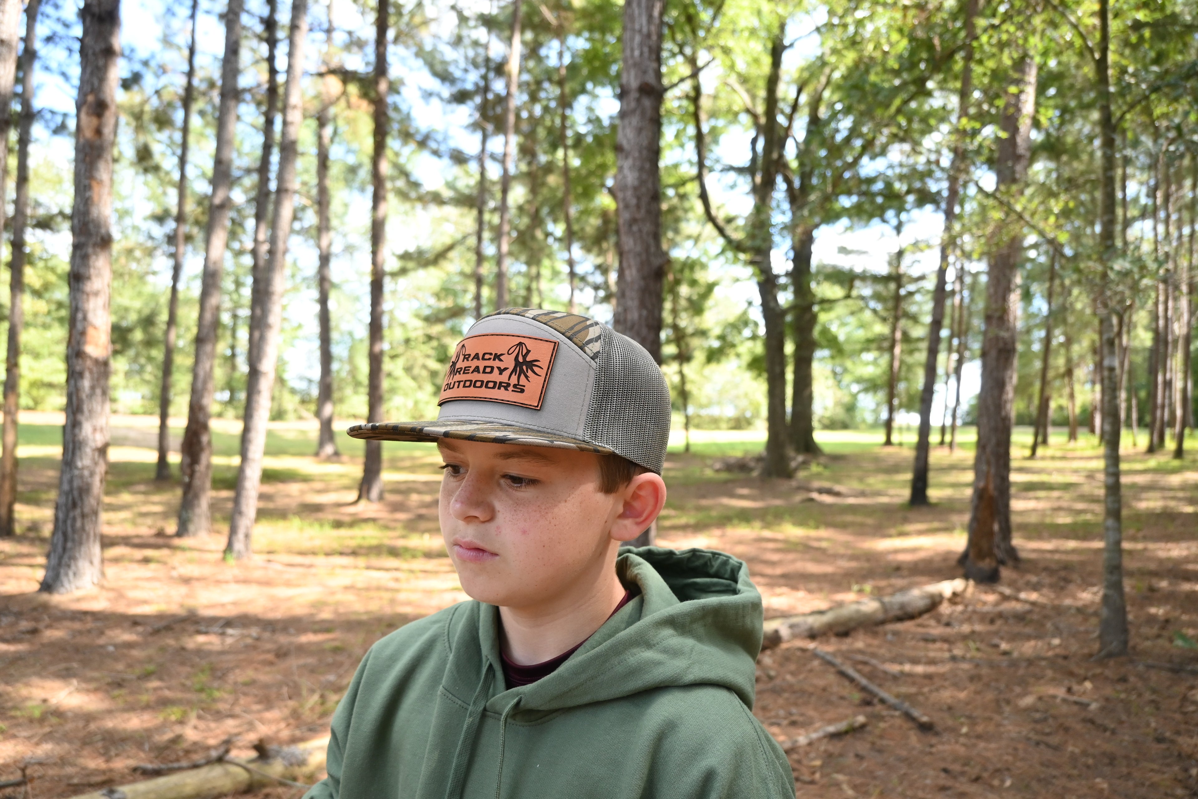 Leather patch Hat Richardson 7 panel 168-LP Mossy Oak Bottomland camo